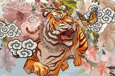 Tiger butterfly amid cherry blossom. poster