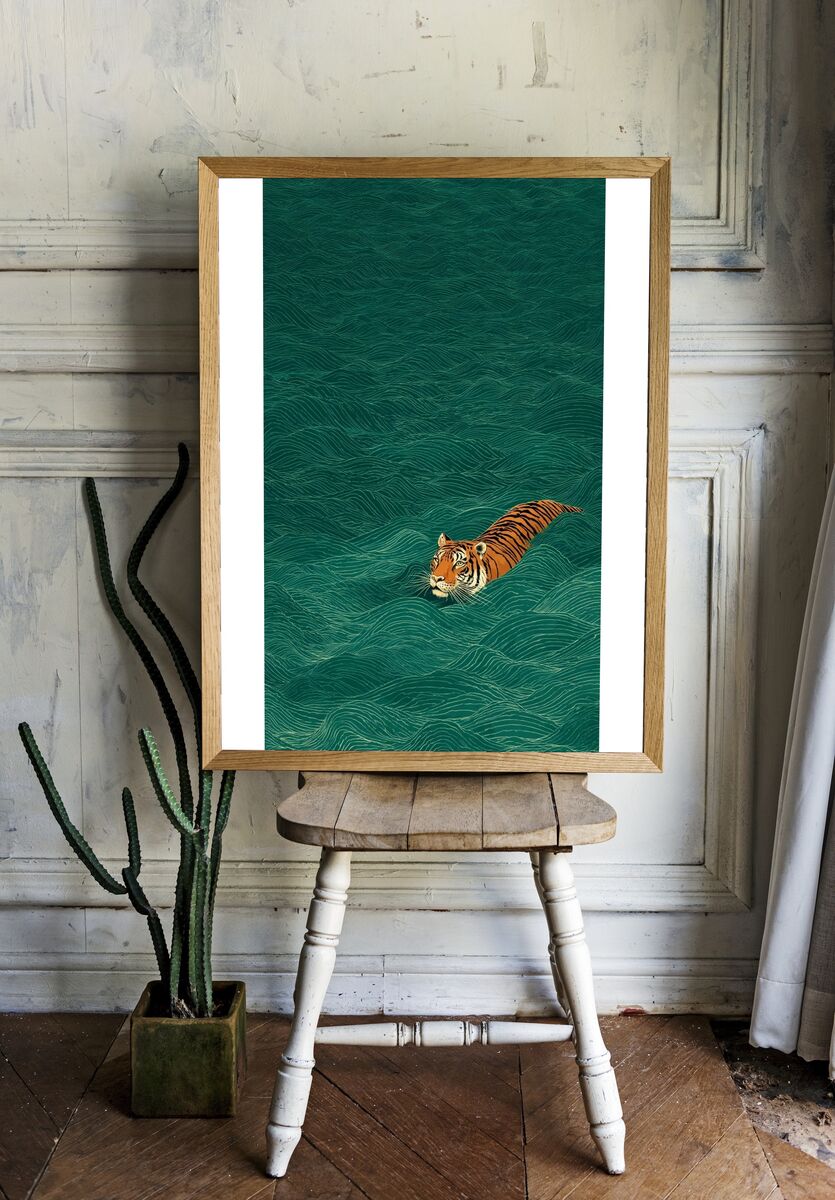 Tiger Swimming — Illustration Print. — room view 1