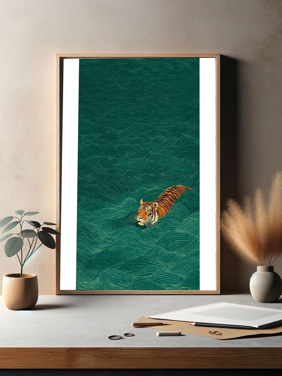 Tiger Swimming — Illustration Print. — room view 2