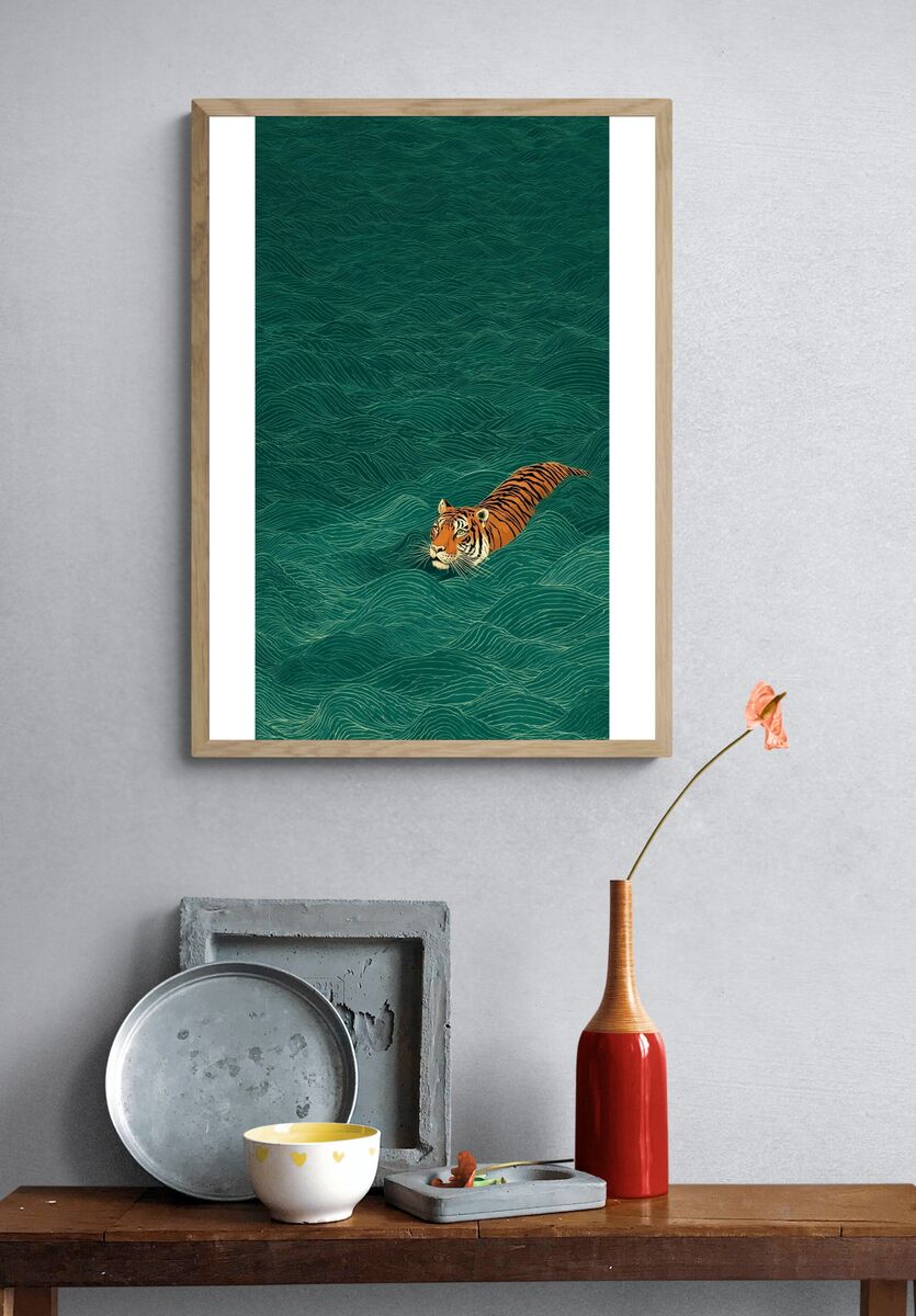Tiger Swimming — Illustration Print. — room view 3
