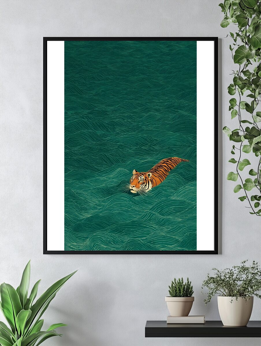 Tiger Swimming — Illustration Print. — room view 4