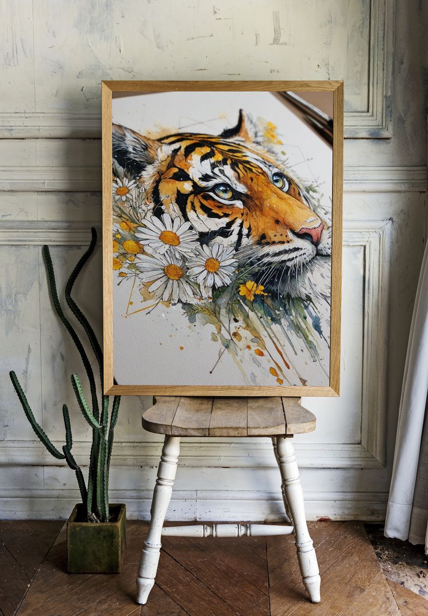 Tiger Watercolor Floral Poster. — room view 1