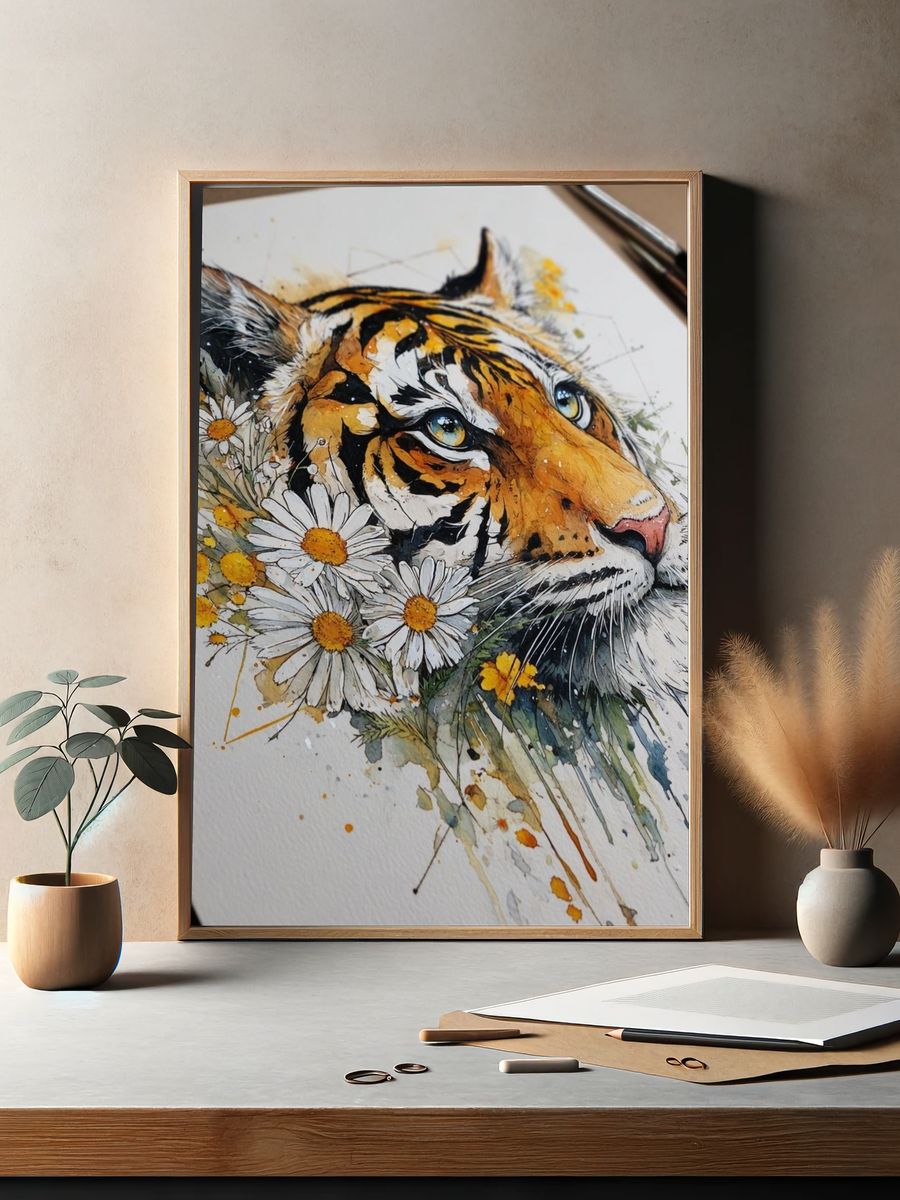 Tiger Watercolor Floral Poster. — room view 2