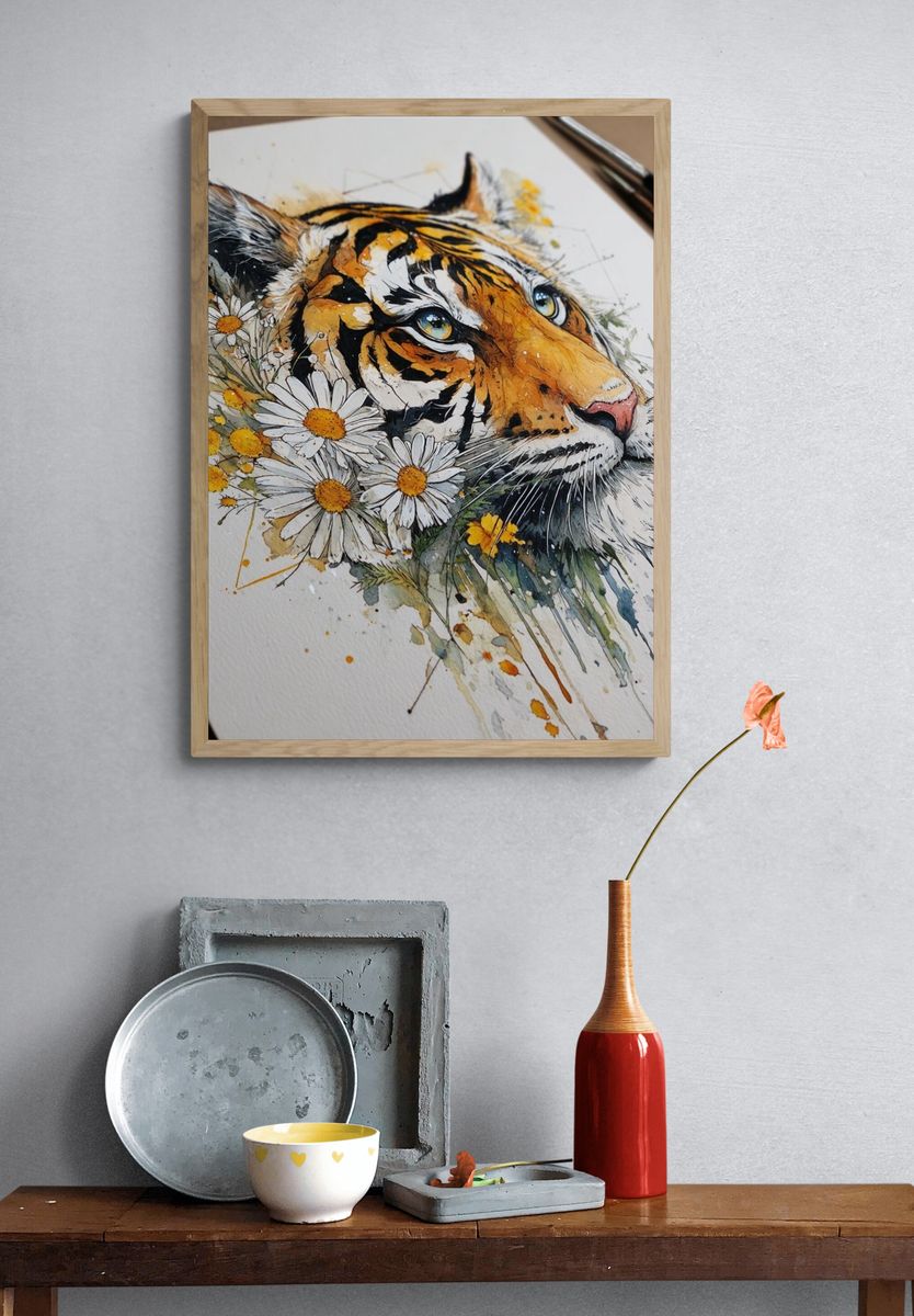 Tiger Watercolor Floral Poster. — room view 3