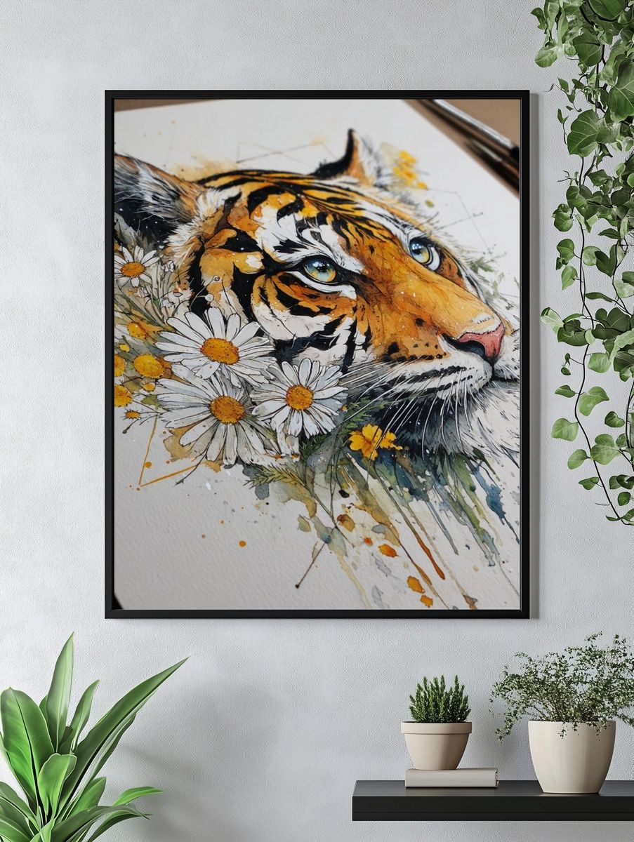 Tiger Watercolor Floral Poster. — room view 4