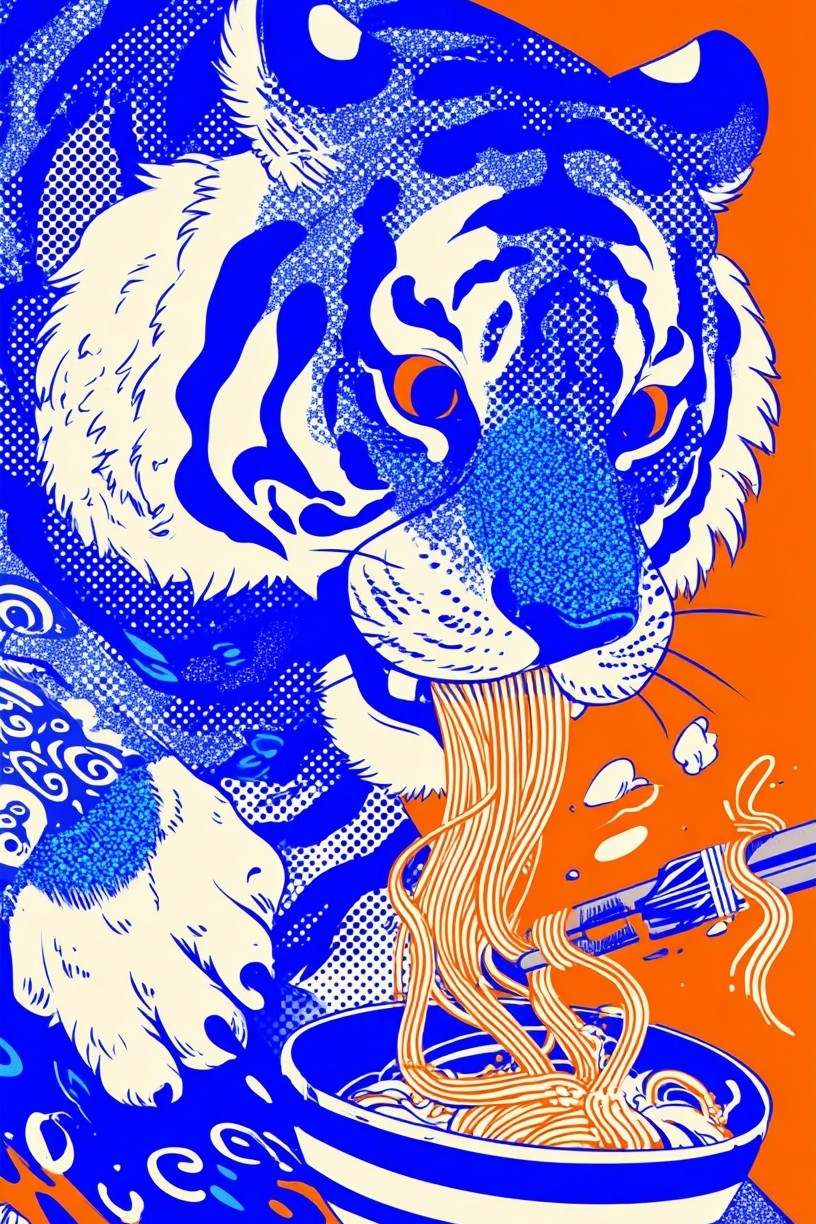 Tiger Eating Noodles — Graphic Print. poster — illustration art