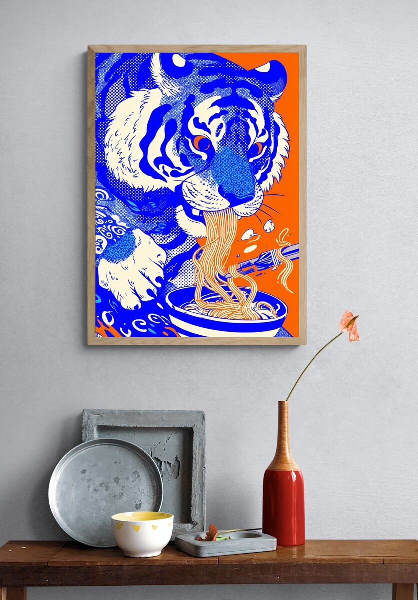 Tiger Eating Noodles — Graphic Print. — room view 3