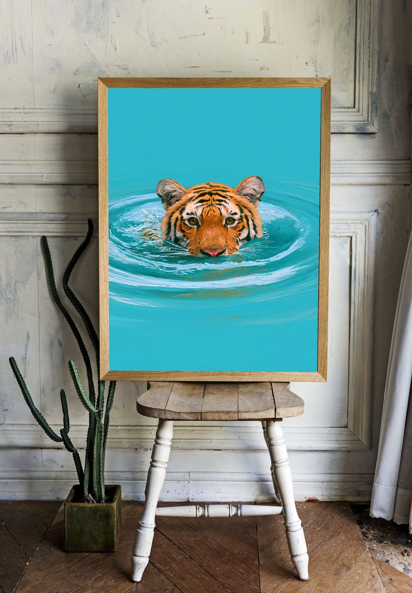 Tiger in Water Illustration Poster. — room view 1