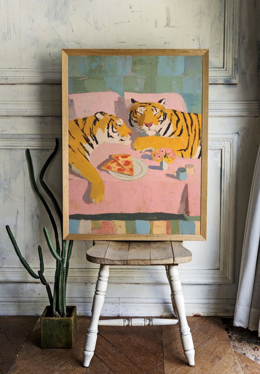 Tigers Enjoying Pizza — Illustration Print. — room view 1