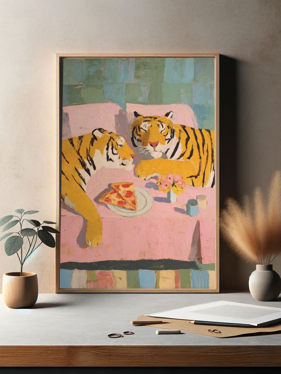 Tigers Enjoying Pizza — Illustration Print. — room view 2