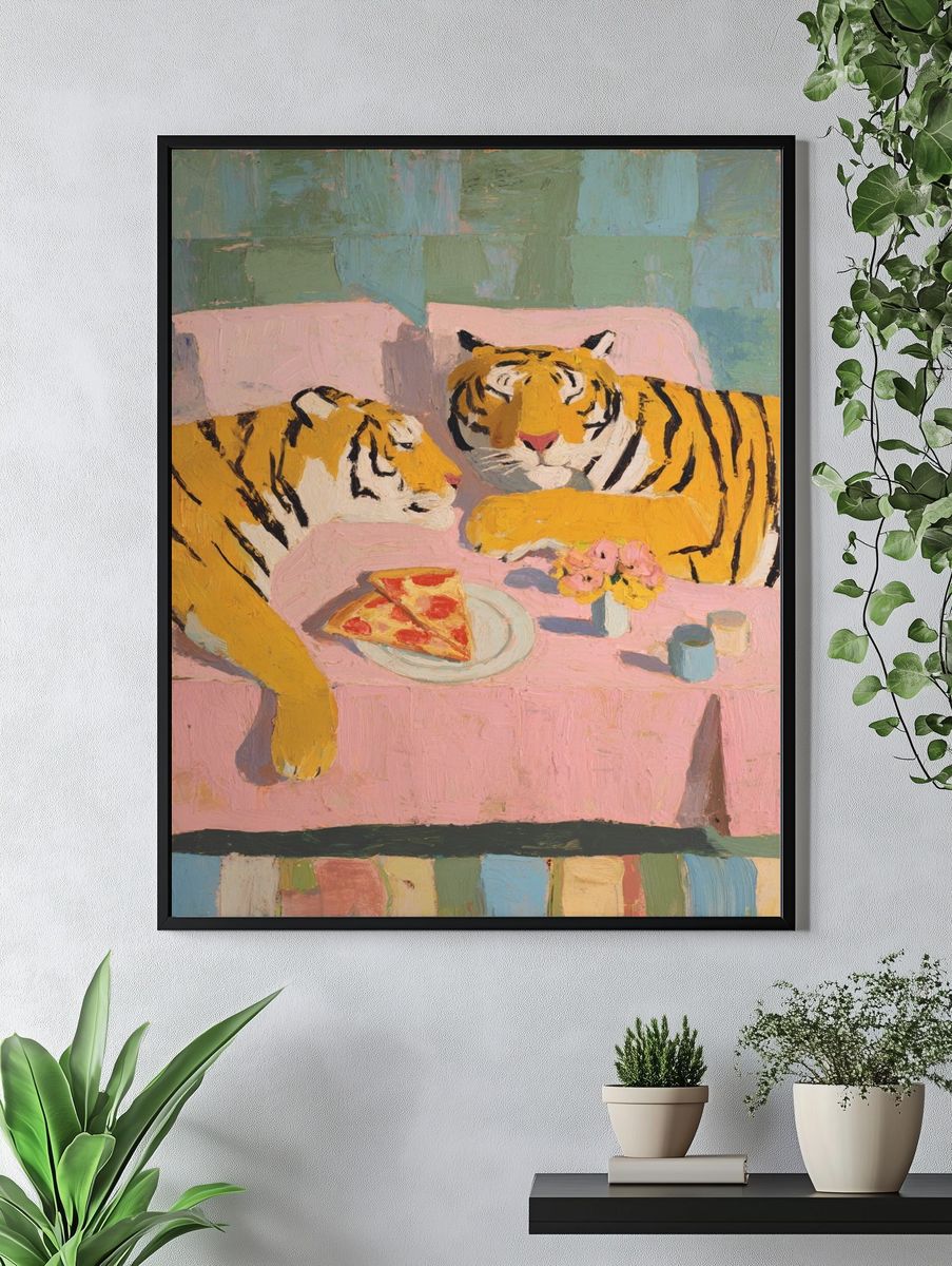 Tigers Enjoying Pizza — Illustration Print. — room view 4