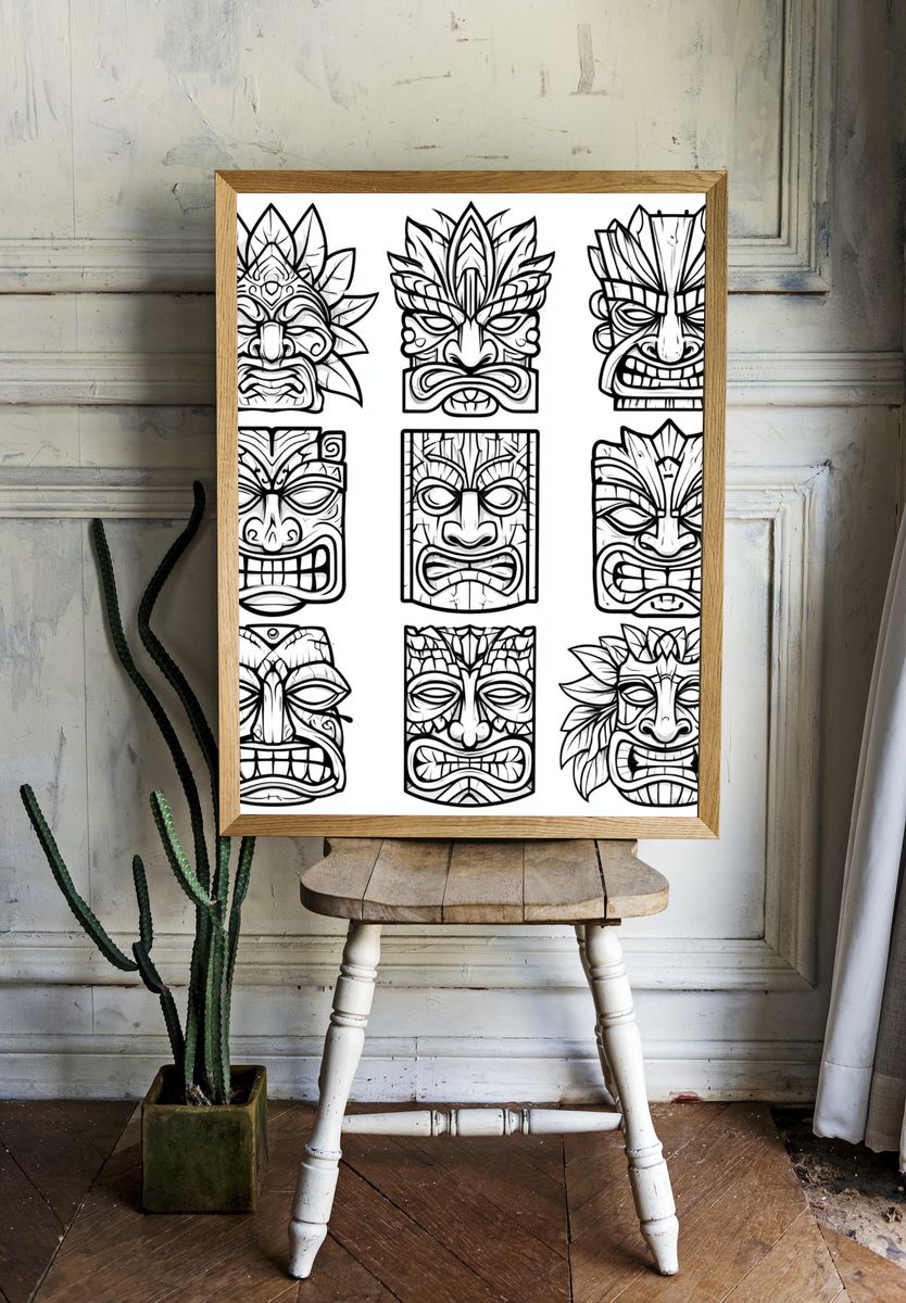 Tiki Mask Line Art Poster. — room view 1