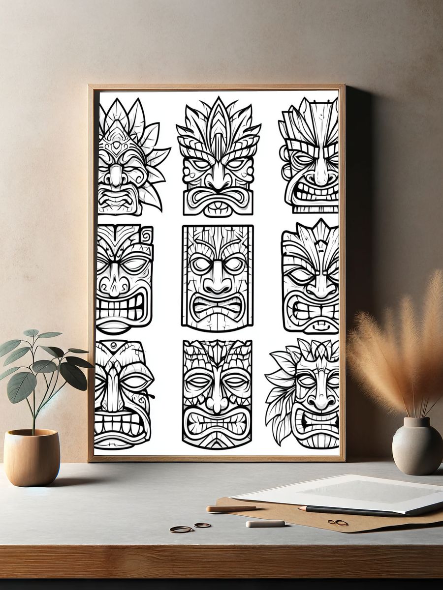 Tiki Mask Line Art Poster. — room view 2
