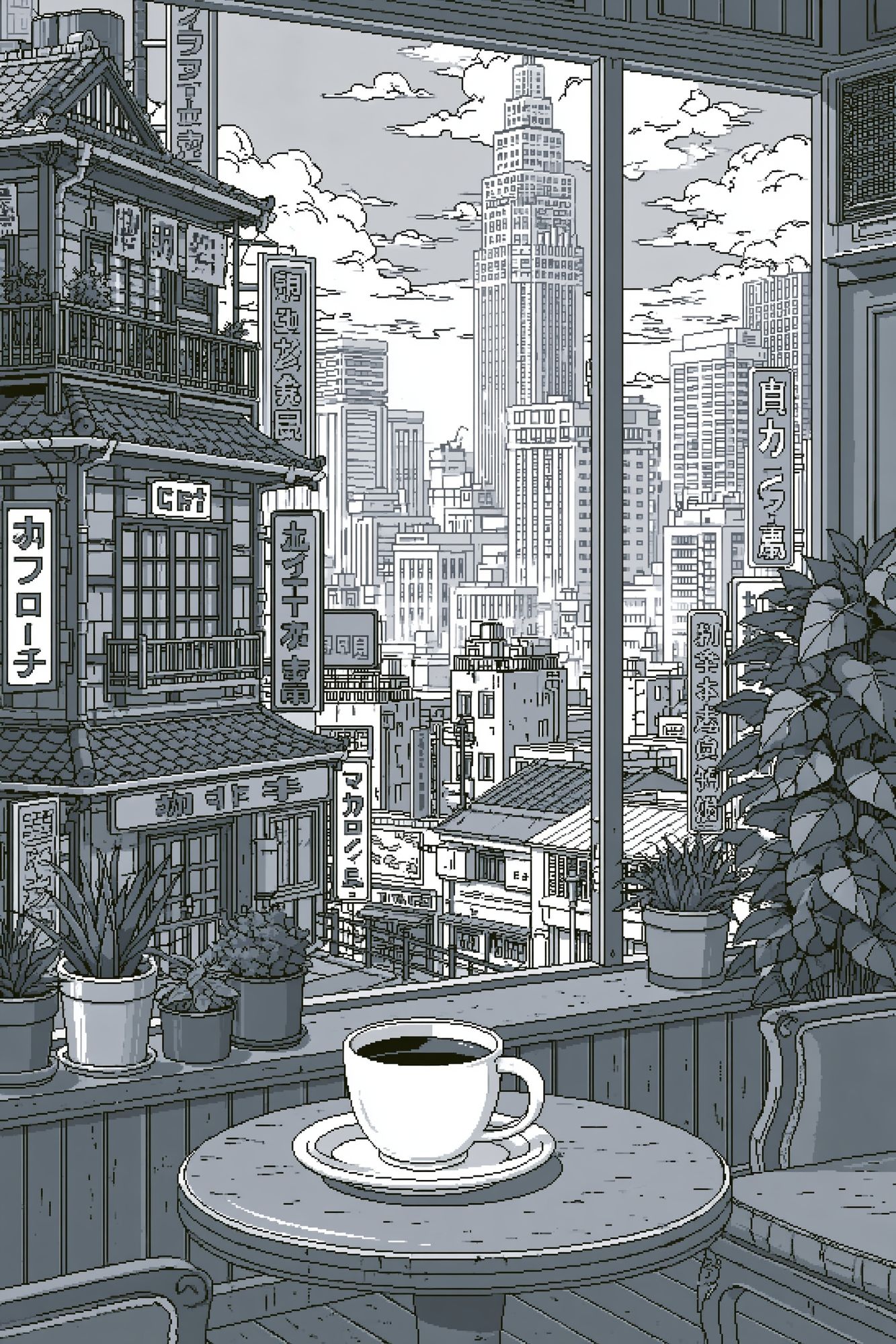 Tokyo Cafe Skyline Illustration Print. poster detail