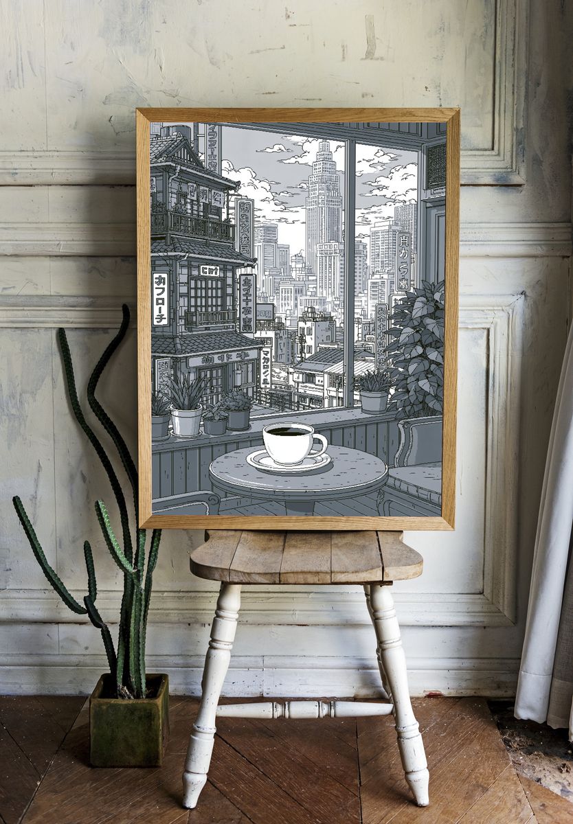 Tokyo Cafe Skyline Illustration Print. room preview
