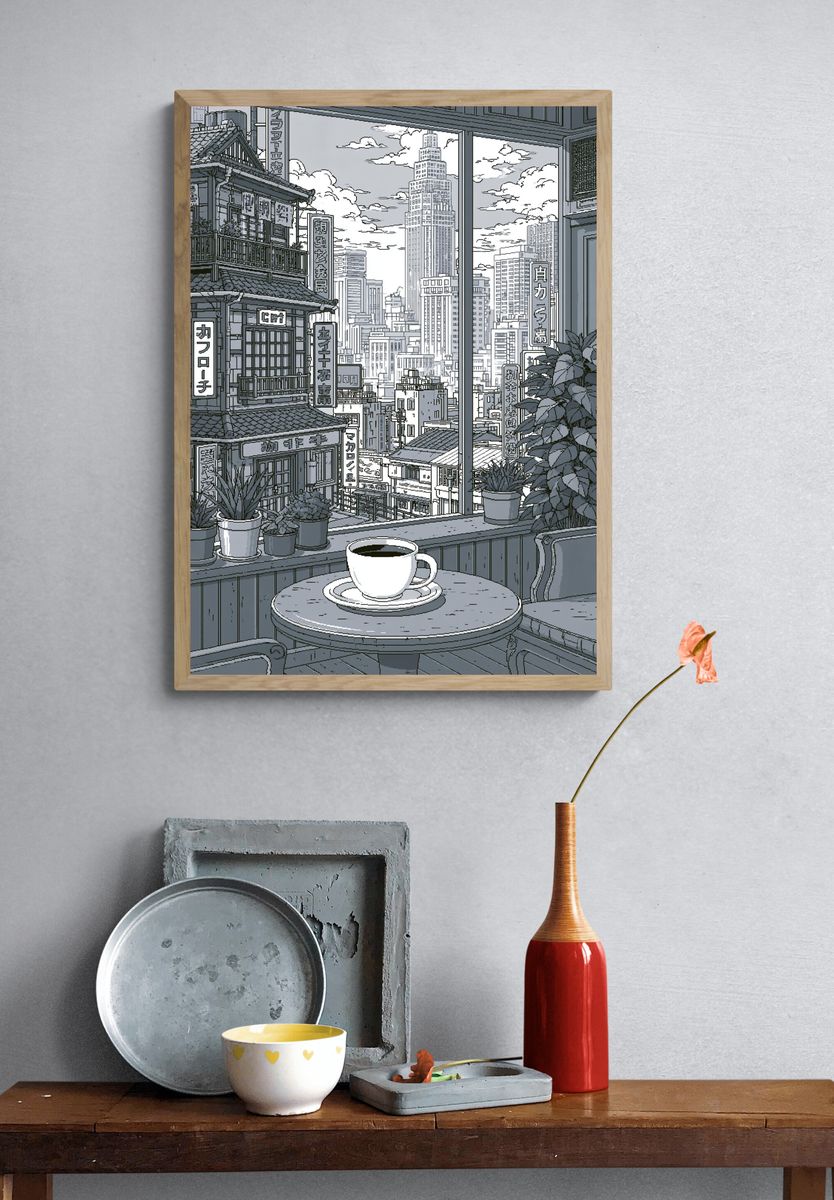 Tokyo Cafe Skyline Illustration Print. — room view 3