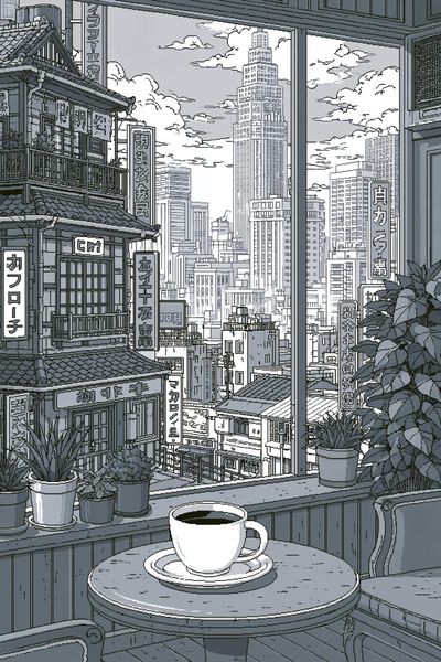 Tokyo Cafe Skyline Illustration Print.