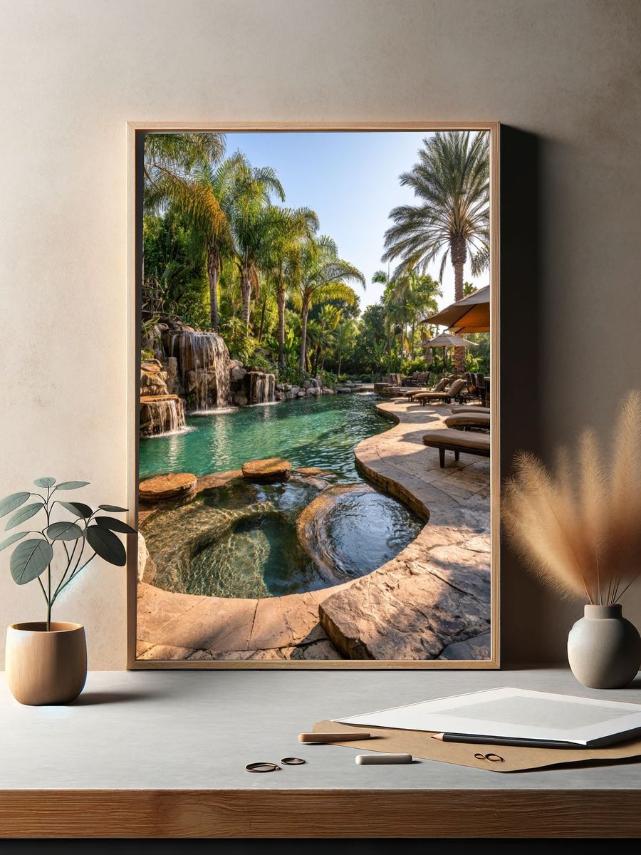 Tropical Pool Oasis Photography Poster. — room view 2