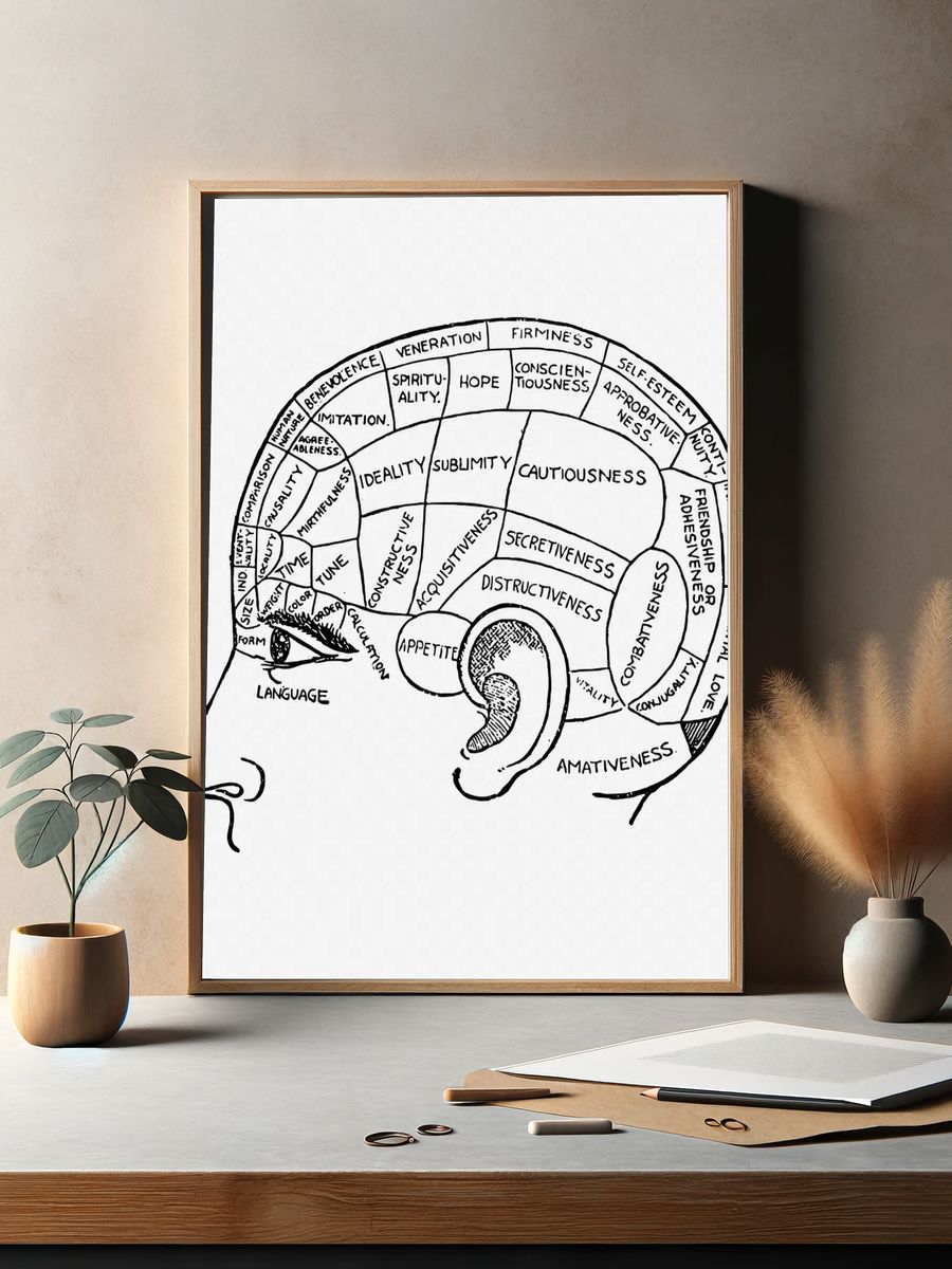 Phrenology chart drawing, vintage neurology. — room view 2