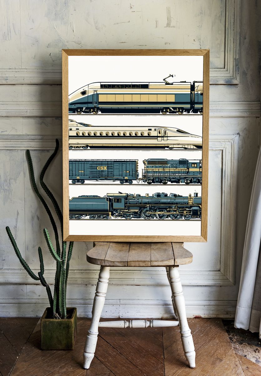 Vintage Trains Illustration Poster. room preview