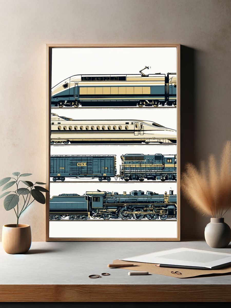 Vintage Trains Illustration Poster. — room view 2