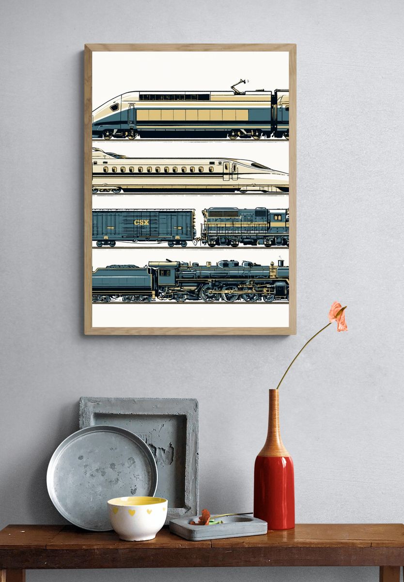 Vintage Trains Illustration Poster. — room view 3