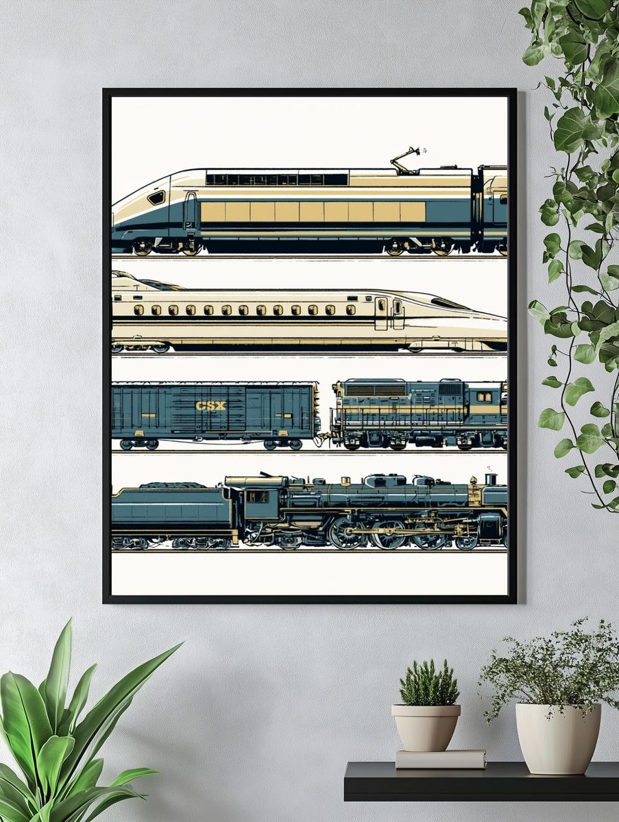 Vintage Trains Illustration Poster. — room view 4