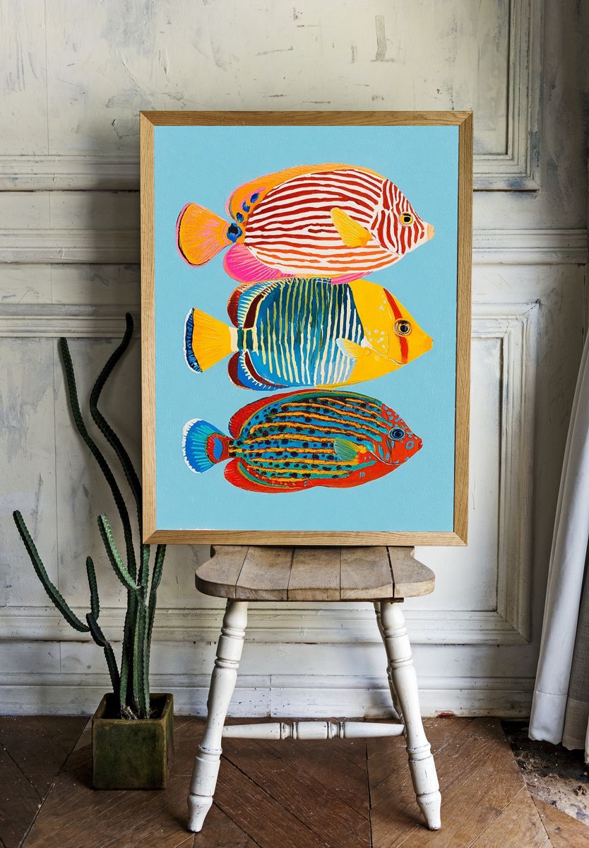 Tropical Fish Trio Illustration Poster. room preview