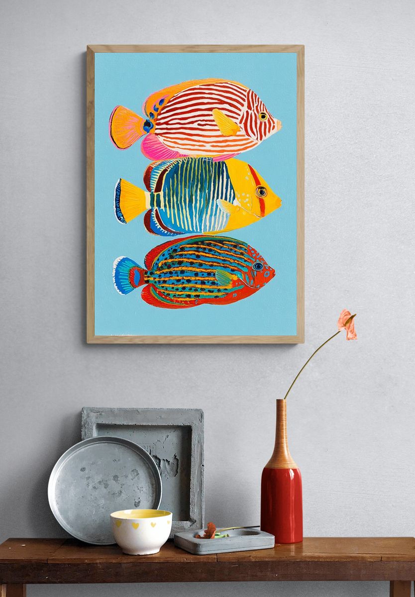 Tropical Fish Trio Illustration Poster. — room view 3