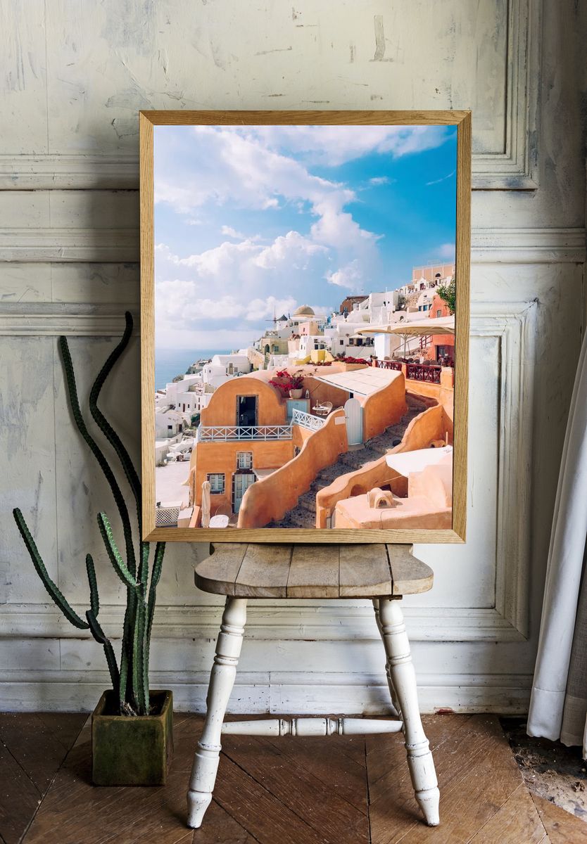 Santorini Cliffside Village Travel Print. — room view 1
