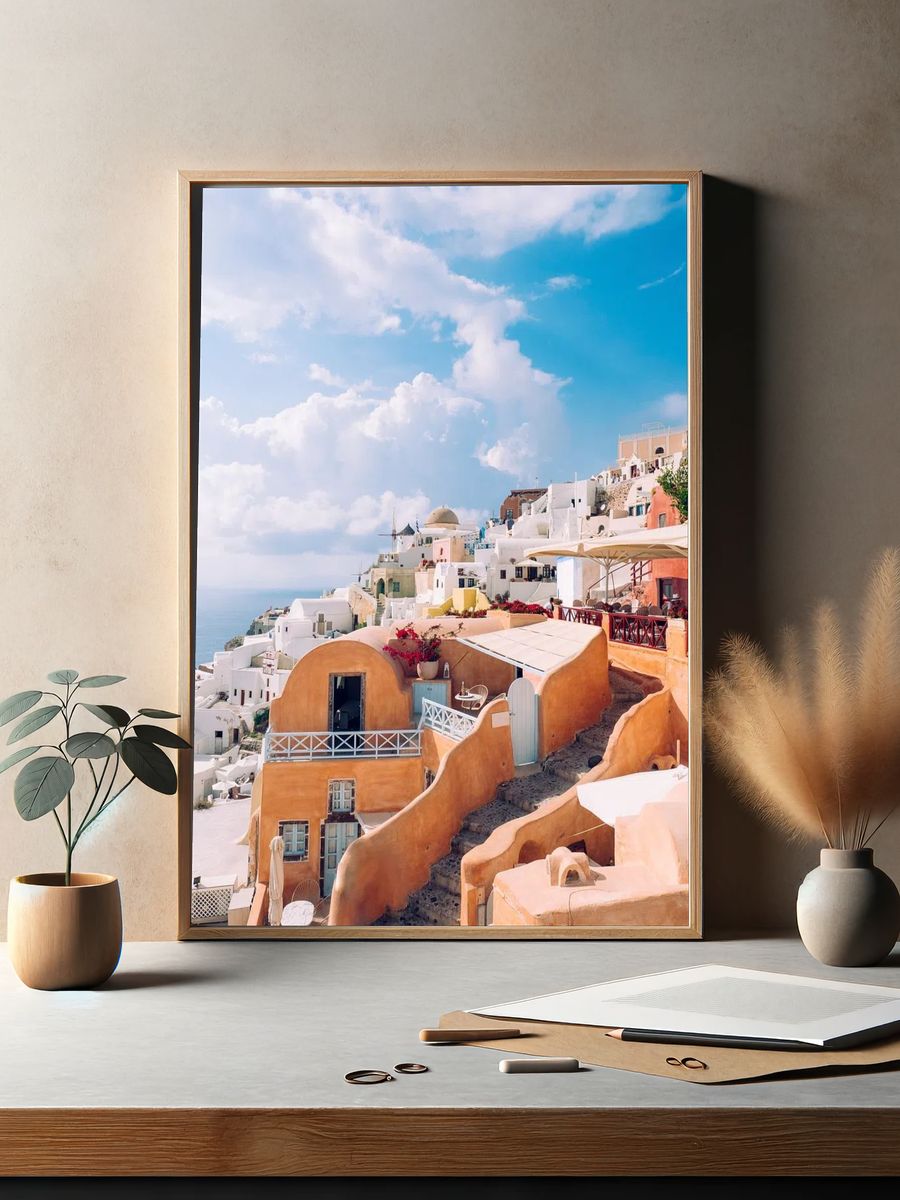 Santorini Cliffside Village Travel Print. — room view 2