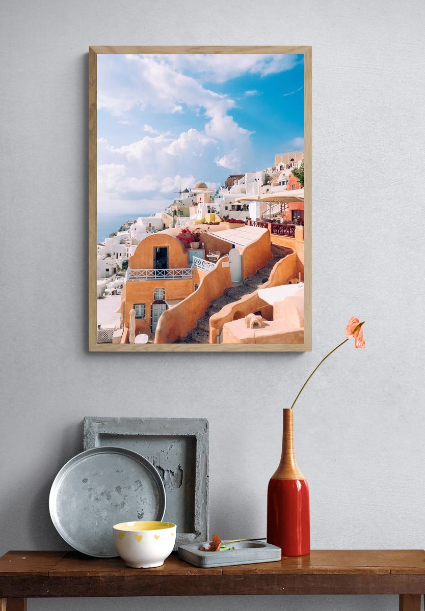 Santorini Cliffside Village Travel Print. — room view 3