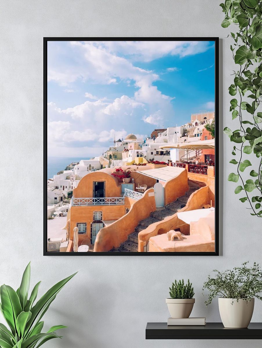 Santorini Cliffside Village Travel Print. — room view 4