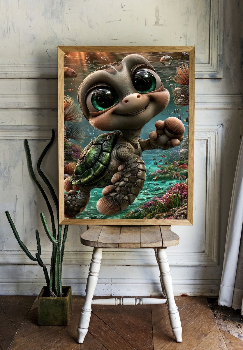 Cute Sea Turtle Underwater Poster. — room view 1