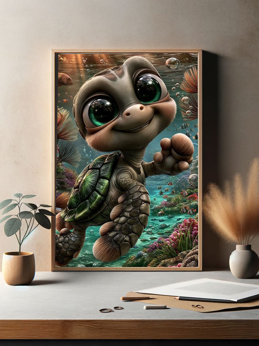 Cute Sea Turtle Underwater Poster. — room view 2