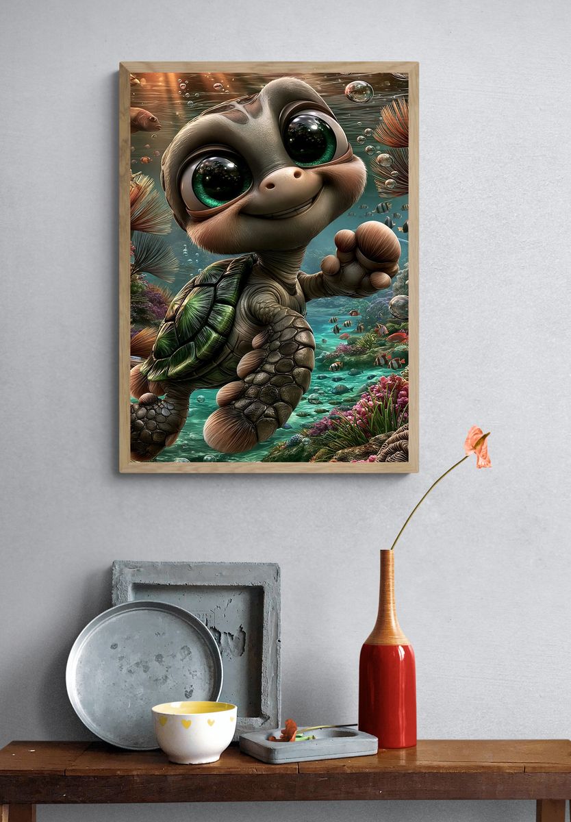 Cute Sea Turtle Underwater Poster. — room view 3
