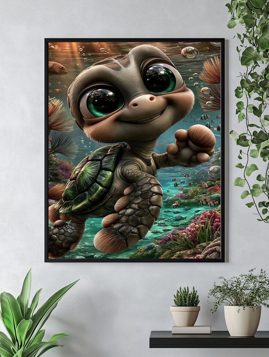 Cute Sea Turtle Underwater Poster. — room view 4