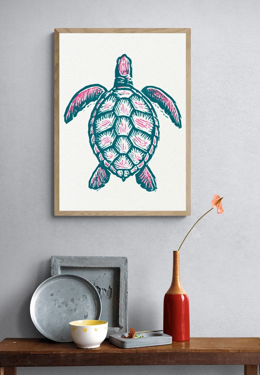 Sea Turtle Linocut Print. — room view 3