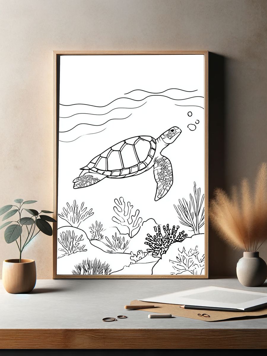 Sea Turtle Underwater Line Art Poster. — room view 2