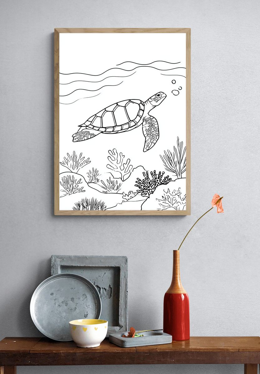 Sea Turtle Underwater Line Art Poster. — room view 3