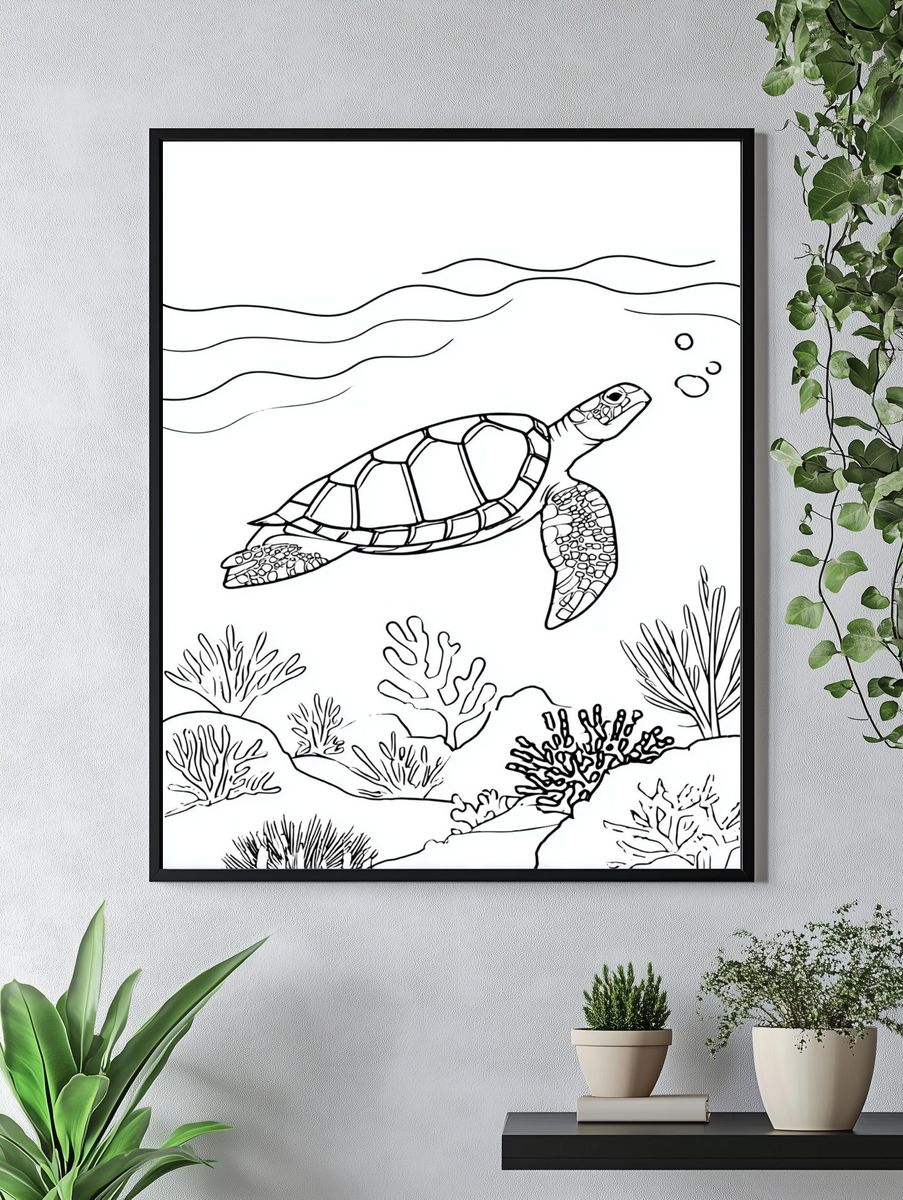 Sea Turtle Underwater Line Art Poster. — room view 4
