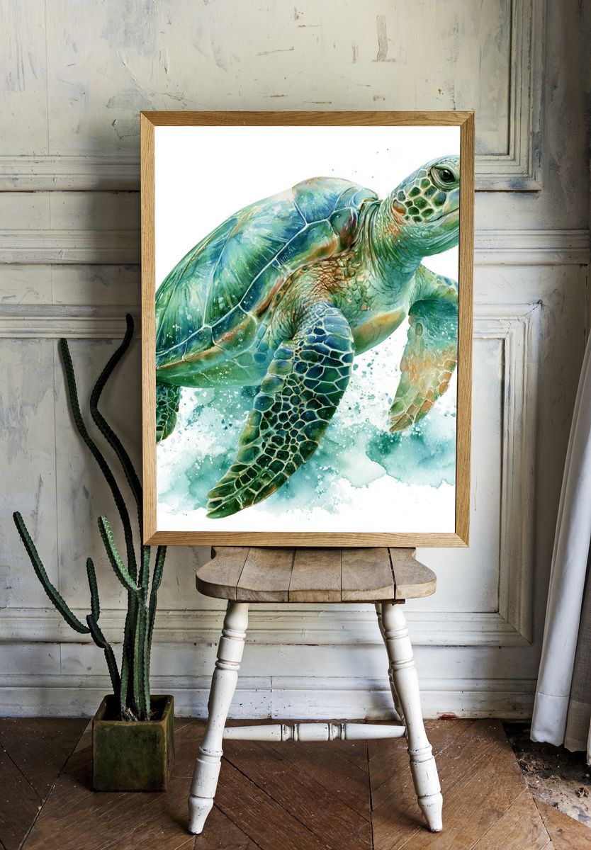 Sea Turtle Watercolor Poster. — room view 1