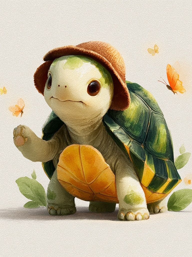 Turtle with Hat Watercolor Print. poster detail