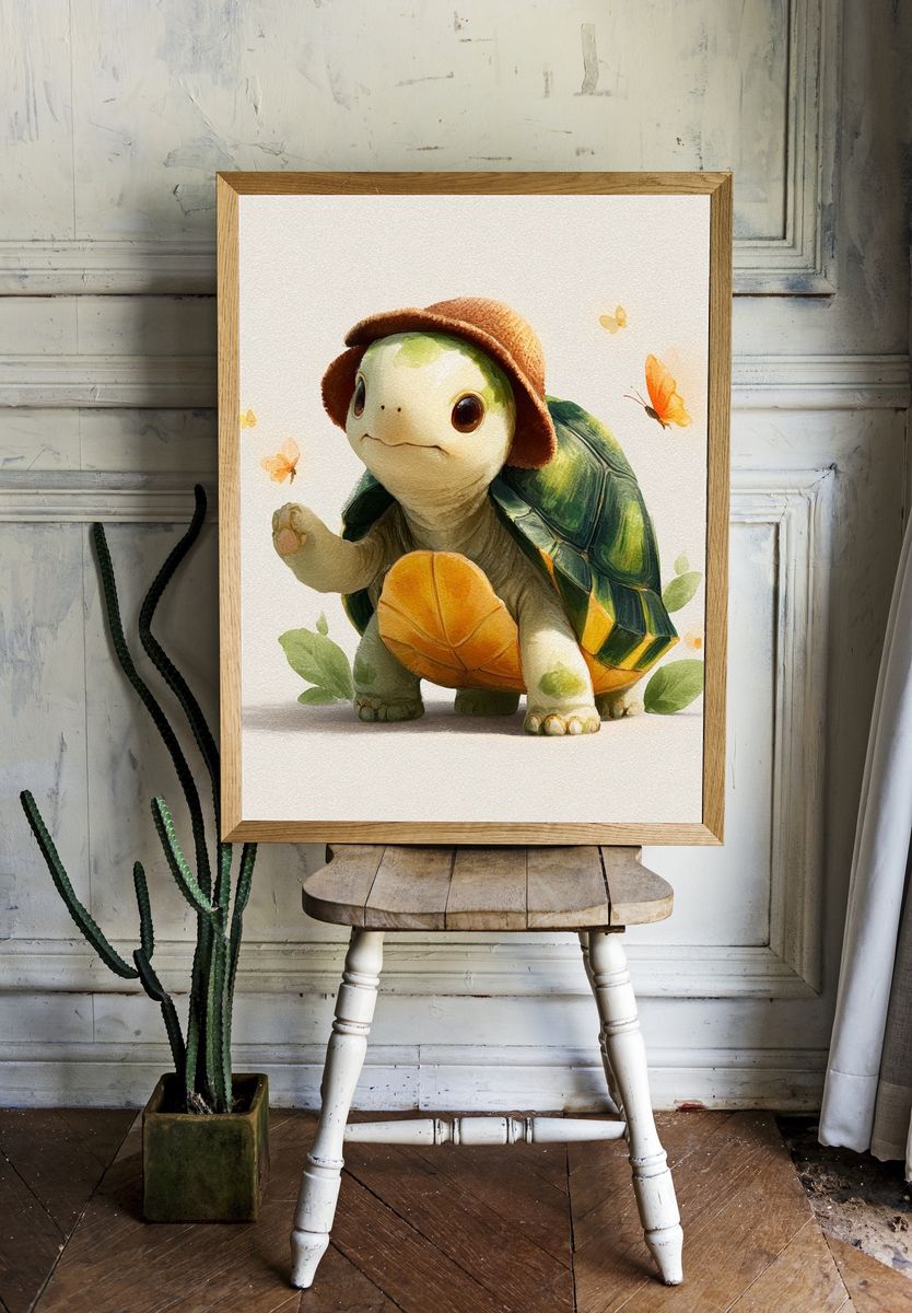 Turtle with Hat Watercolor Print. — room view 1