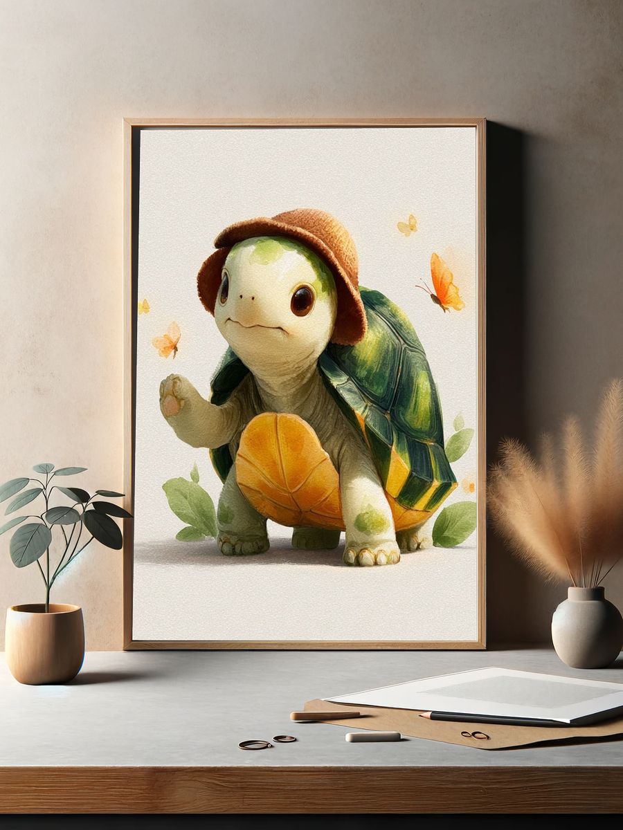 Turtle with Hat Watercolor Print. — room view 2