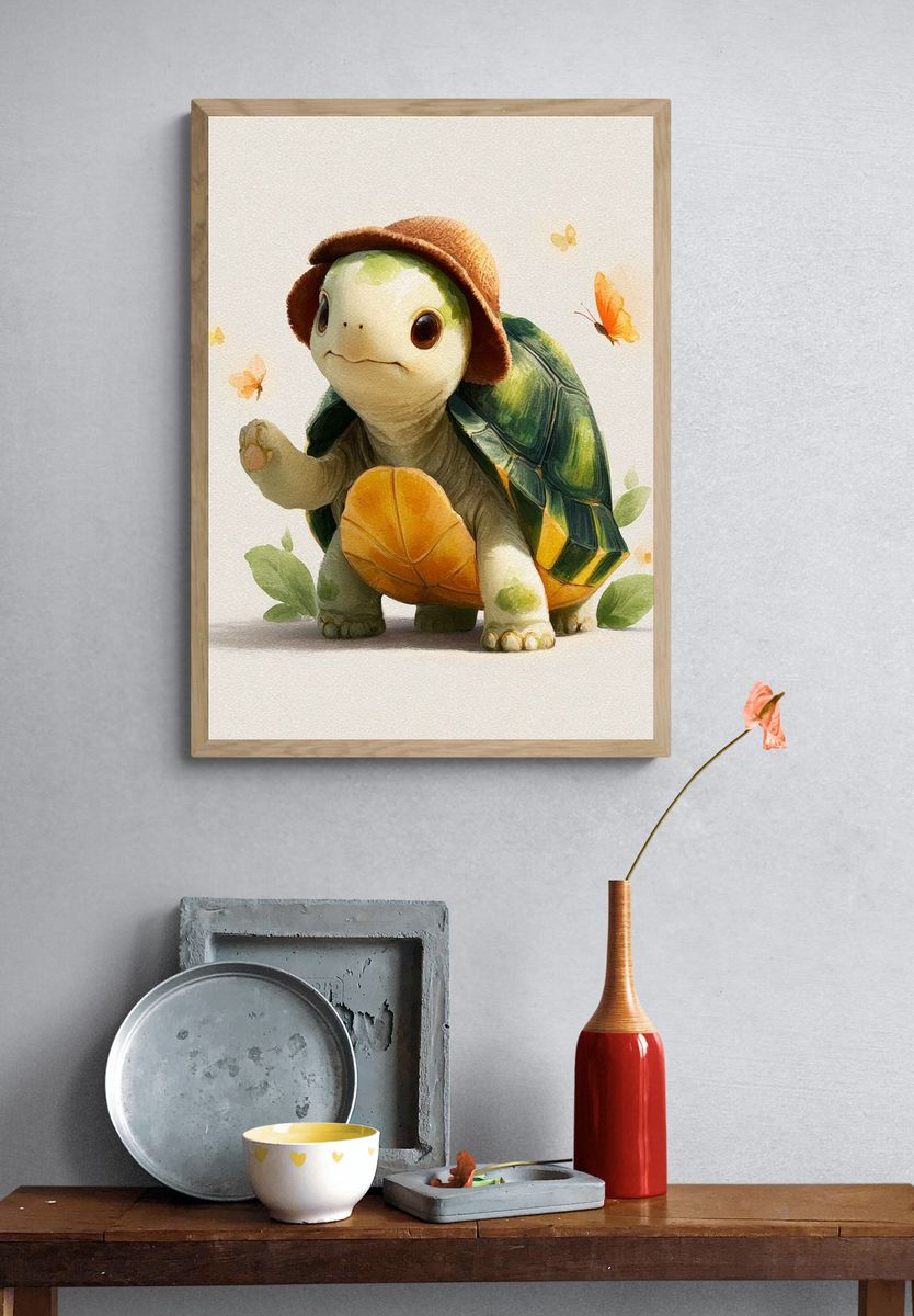 Turtle with Hat Watercolor Print. — room view 3