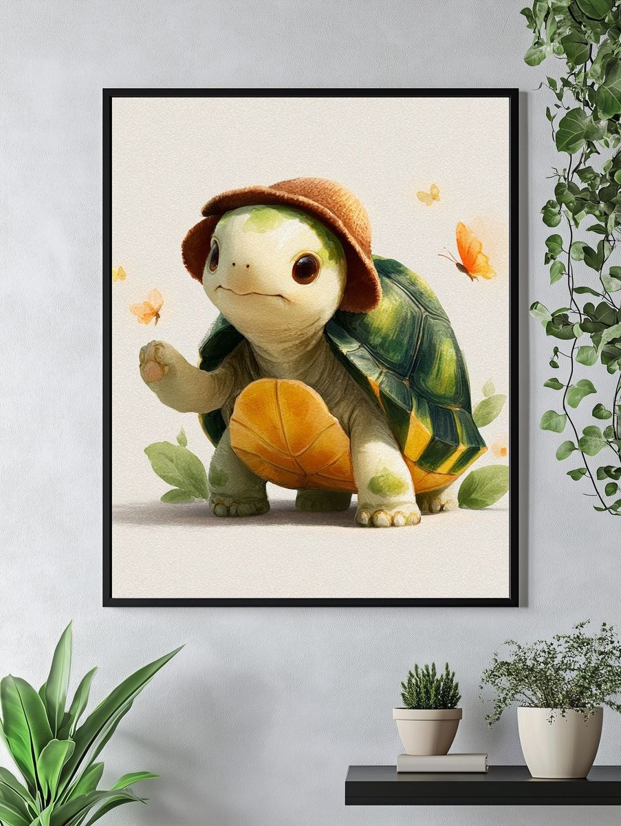 Turtle with Hat Watercolor Print. — room view 4