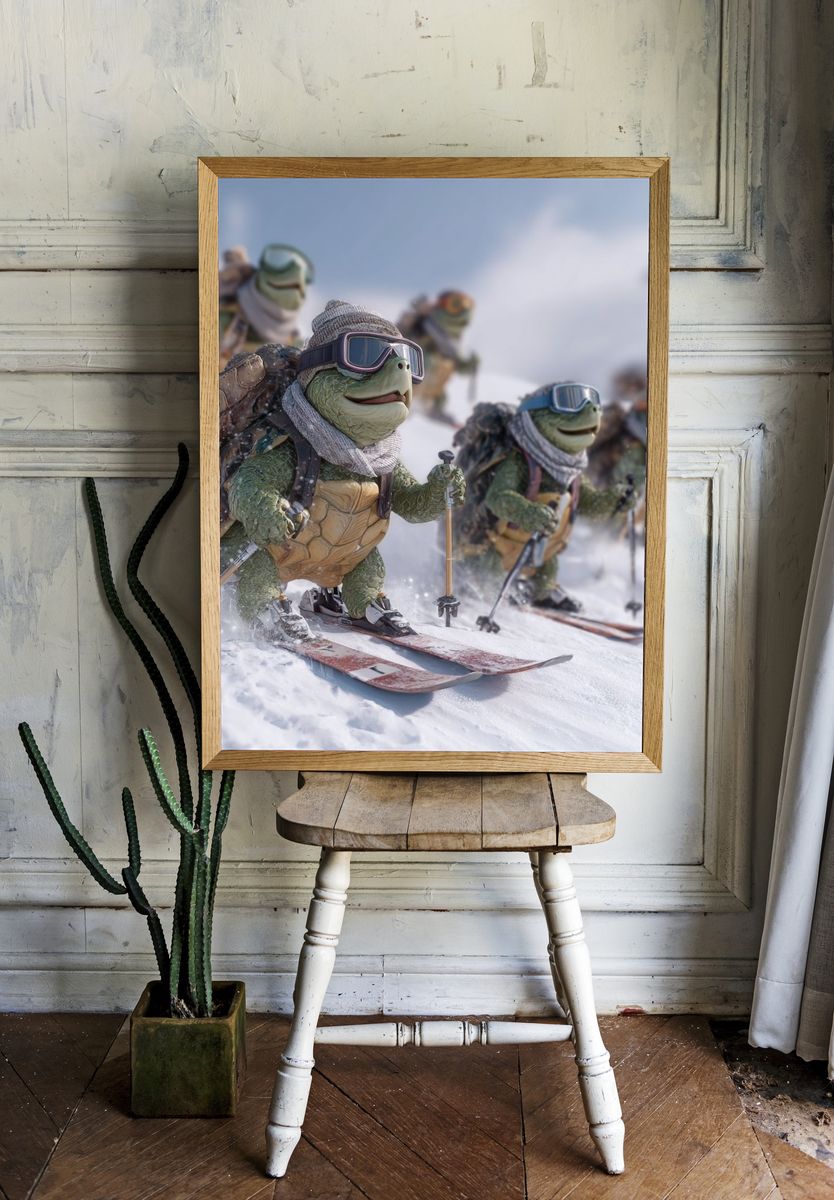 Skiing Turtles — Cartoon Print. — room view 1