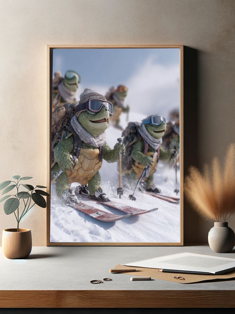 Skiing Turtles — Cartoon Print. — room view 2