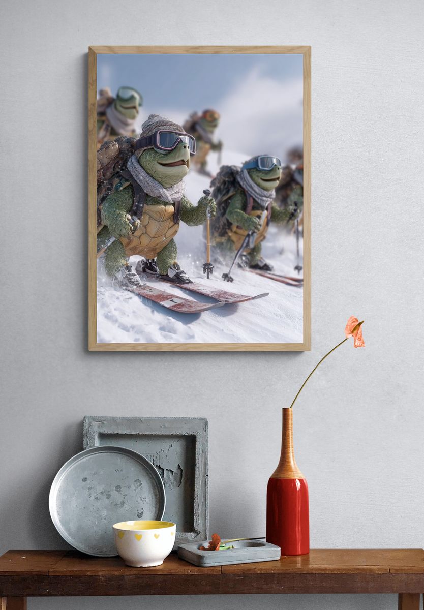 Skiing Turtles — Cartoon Print. — room view 3